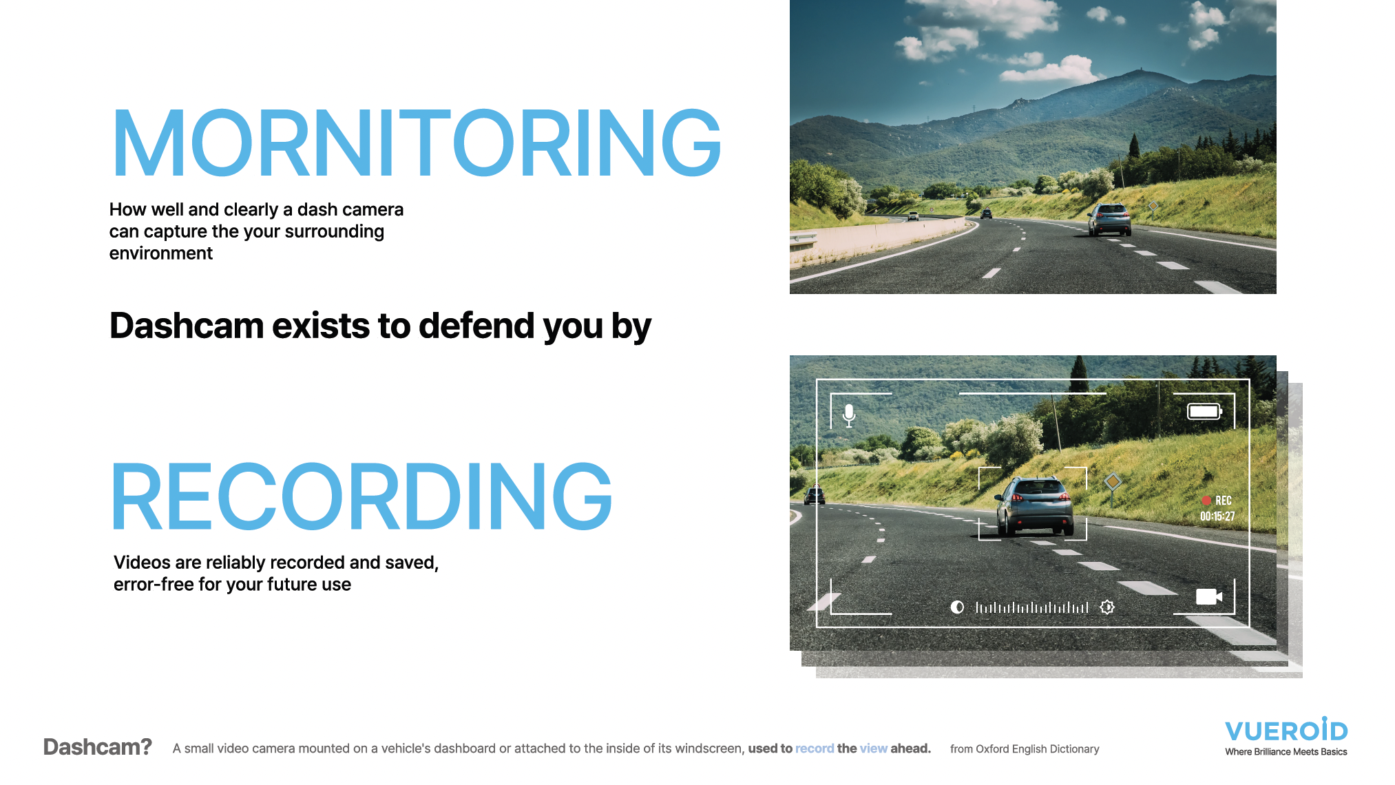 VUEROID S1 4K front and rear dash cam with AI monitoring and continuous recording.