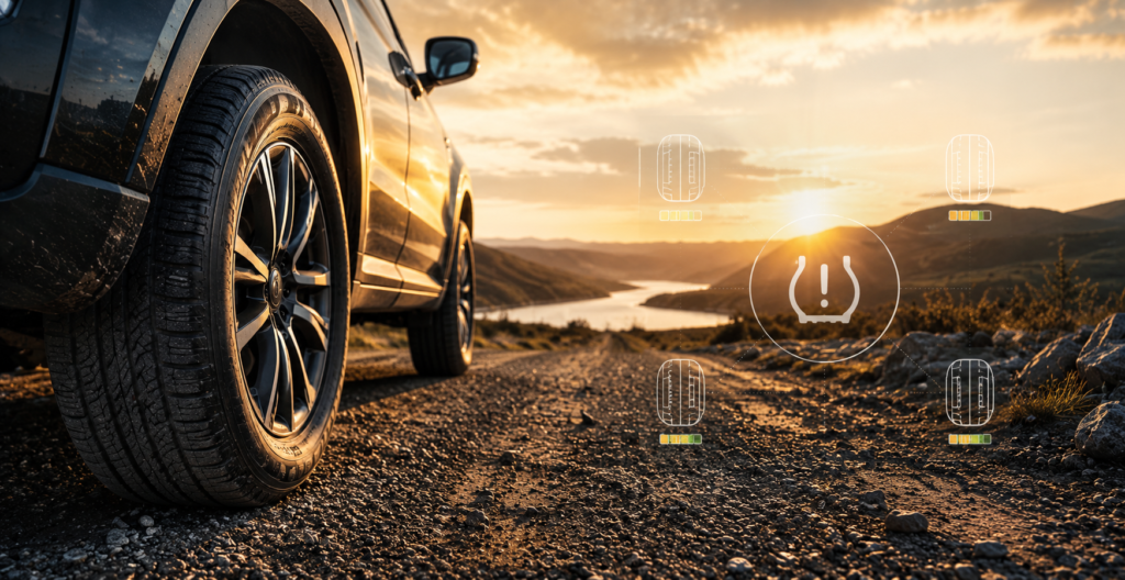 TPMS tyre pressure monitoring system with SUV wheel on an off-road track displaying real-time tyre pressure monitoring for safer driving.