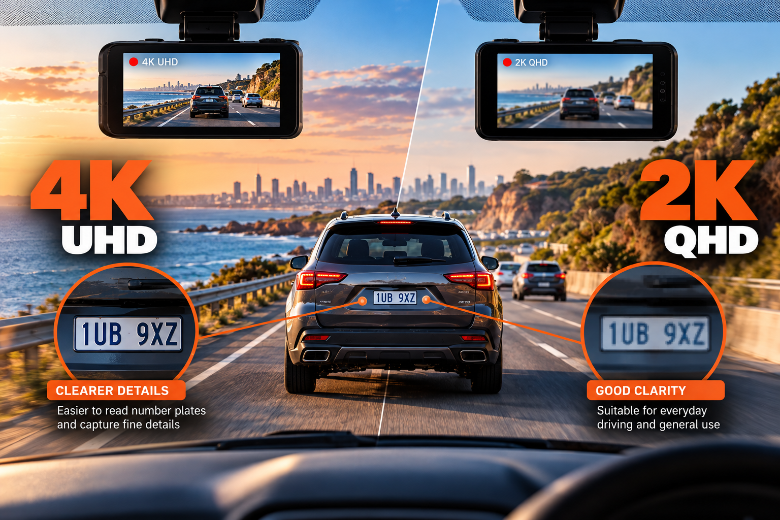 4K vs 2K dash cam comparison showing differences in video resolution, number plate clarity and recording detail for Australian driving.