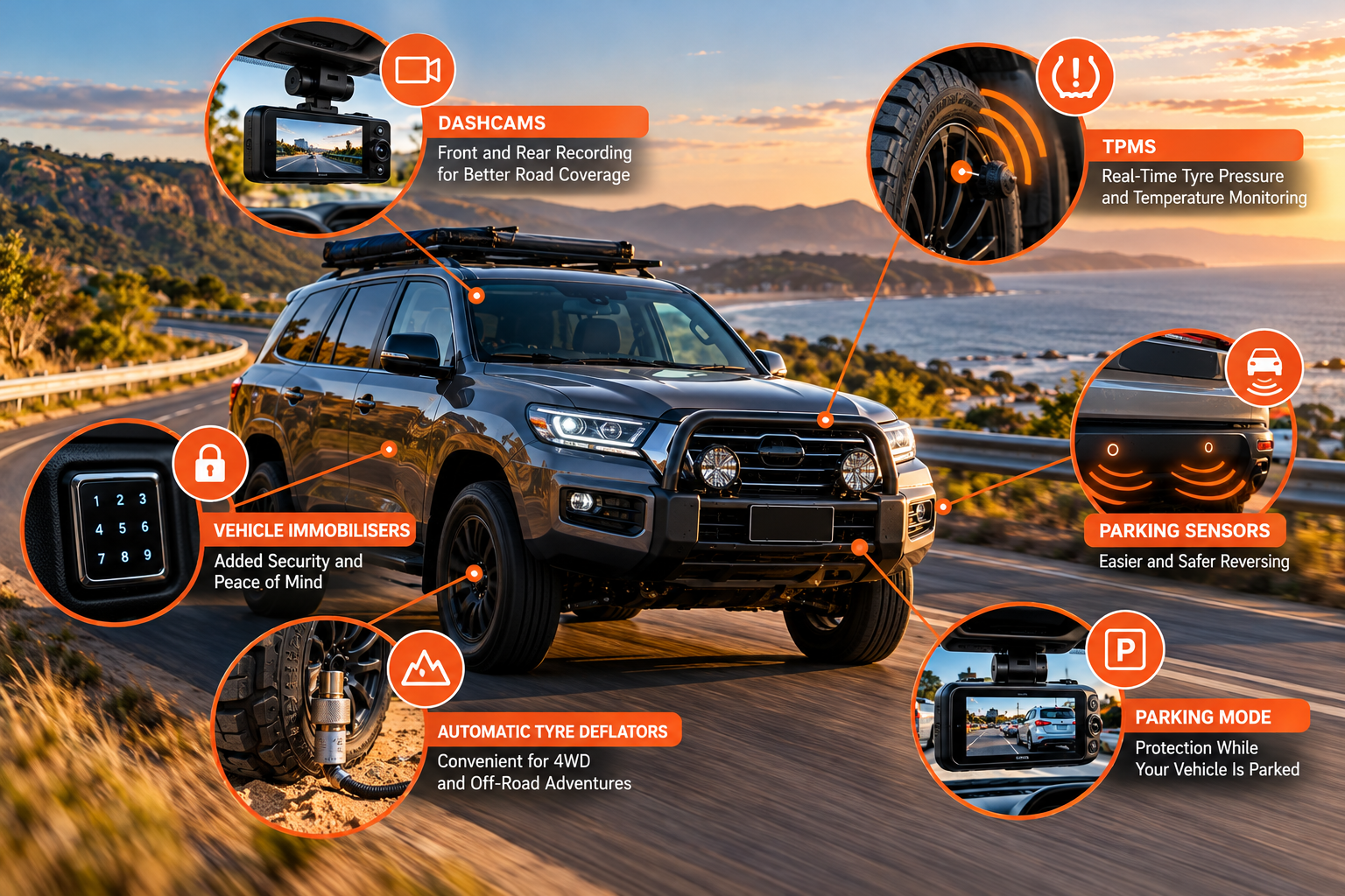 Seven essential car safety accessories for Australian drivers in 2026, including dashcams, TPMS, parking sensors and vehicle security technology.